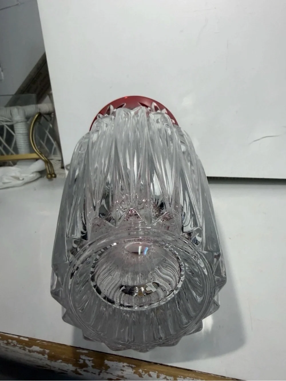Clear Cut Crystal Vase with Red Rim Accent